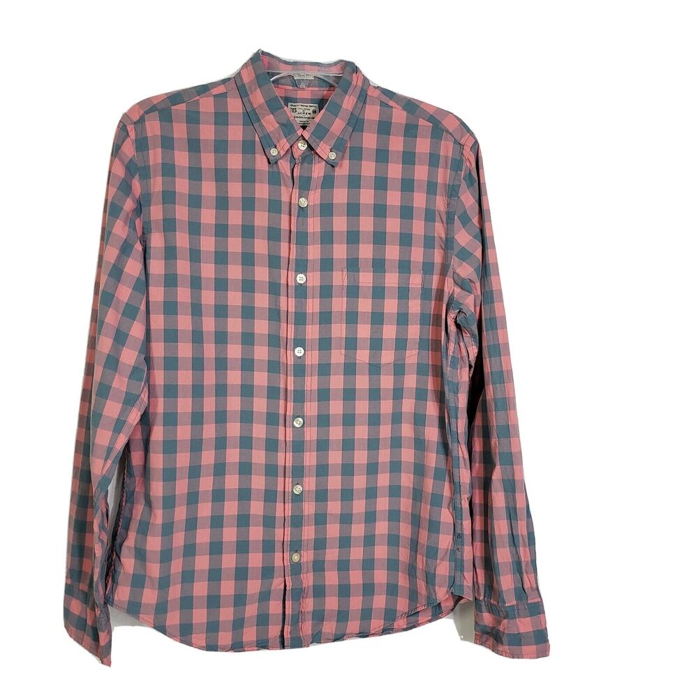 J Crew Men Shirt Medium Slim Fit Woven Pink Blue Gingham Check Button Up Pocket
